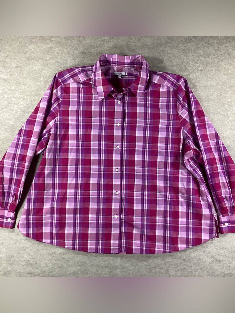 Foxcroft Plaid Button-Down Shirt in Magenta and Light Pink 22W